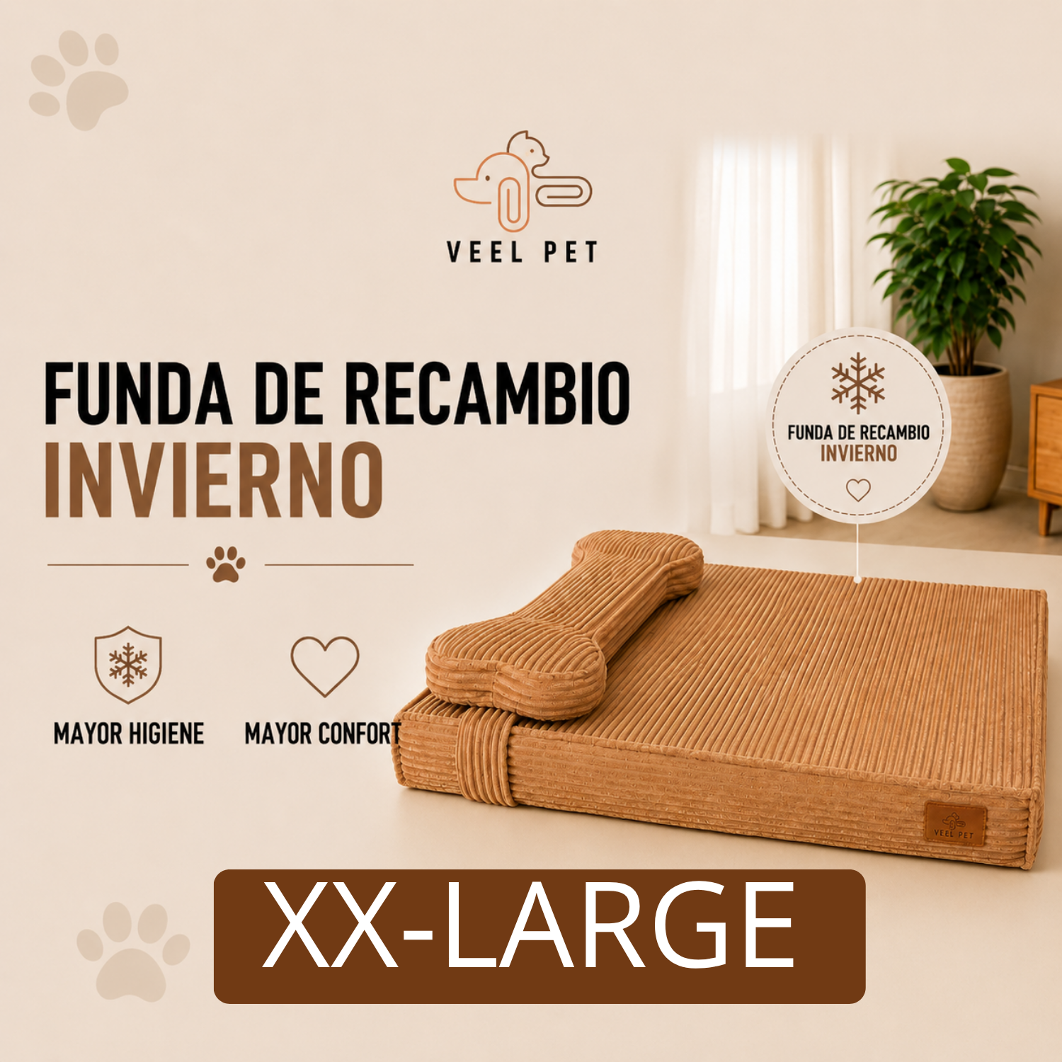 Funda de Recambio Invierno  Cama VEEL PET Modelo Hueso – Talla XX-Large | Tejido Cálido